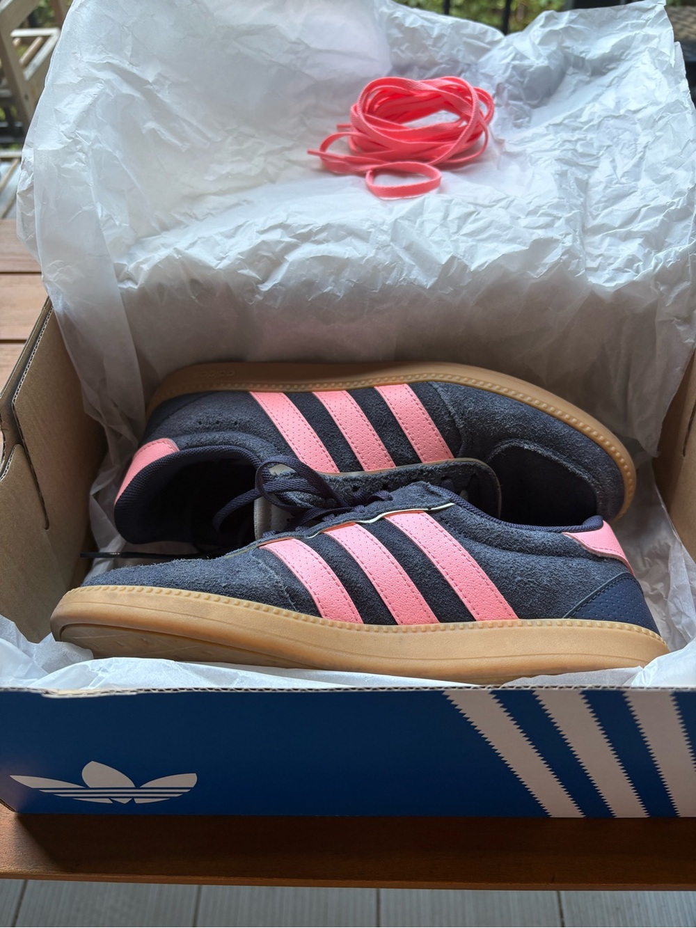 Adidas women/big kids Navy with Pink Three-Stripe Sneakers